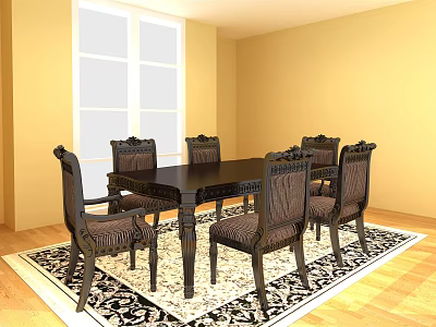 Classic Black Dining Table Set With Six Carved Chairs On Patterned Rug And Yellow Walls 3d model