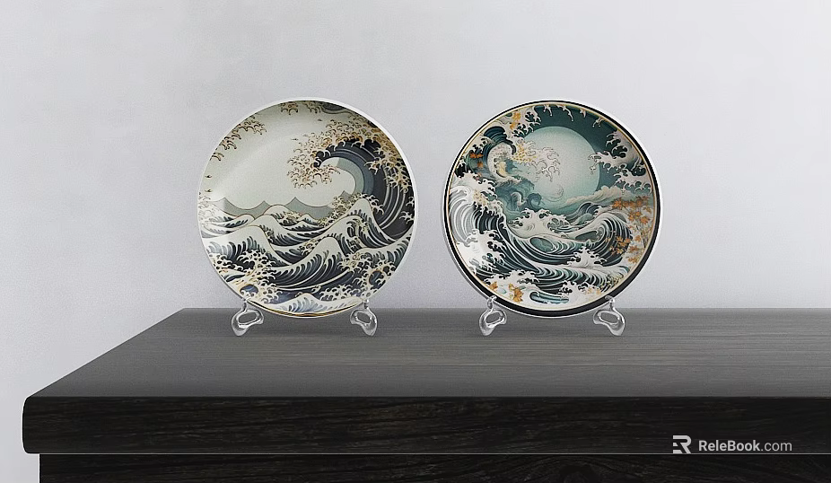 Elegant Plate Decoration with Wave Pattern Gold Blue White Black Colors on Transparent Stands 3d model 