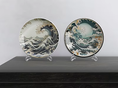 Elegant Plate Decoration with Wave Pattern Gold Blue White Black Colors on Transparent Stands 3d model