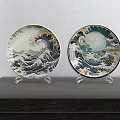 Elegant Plate Decoration with Wave Pattern Gold Blue White Black Colors on Transparent Stands