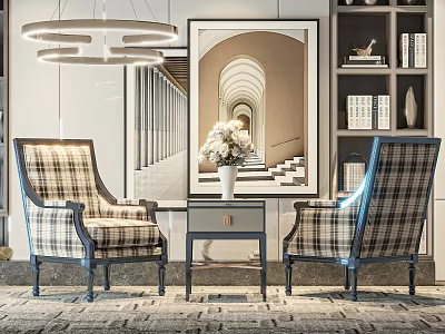 Plaid Patterned Lounge Chairs with Small Table White Flowers Decorative Painting Bookshelves and Chandelier 3d model