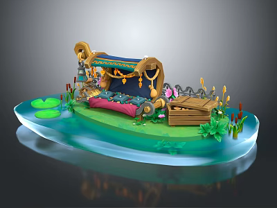 Cartoon Scene With Blue Platform Green Lotus Leaves Decorative Sofa Musical Instrument And Greenery 3d model