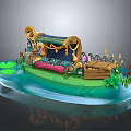 Cartoon Scene With Blue Platform Green Lotus Leaves Decorative Sofa Musical Instrument And Greenery