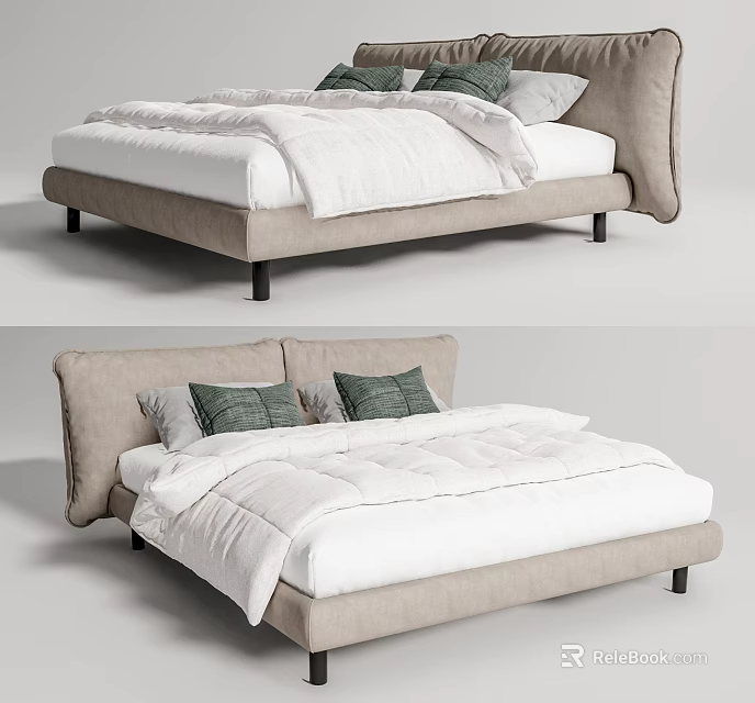 Modern Beige Upholstered Double Bed With White Bedding And Green Pillows 3d model