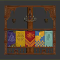 Ornate Wooden Structure With Colorful Banners Hanging Lanterns And Small Stools