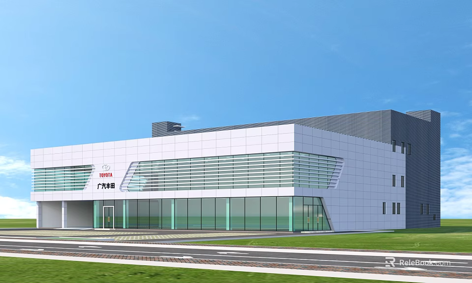 Aerial Planning of Modern Building With Glass Curtain Wall Green Lawn And Road Layout 3d model 