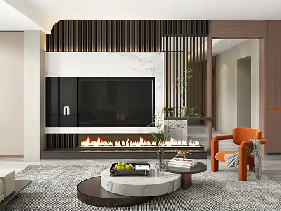 Modern Living Room Interior With TV Wall Fireplace Marble Coffee Table And Orange Chair 3d model