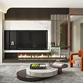 Modern Living Room Interior With TV Wall Fireplace Marble Coffee Table And Orange Chair
