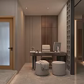 Modern Walk in Closet Interior With Open Shelving Hanging Rods And Dresser Drawers