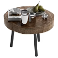 Round Wooden Coffee Table with Black Slim Legs and Book Thermal Mug Pears on Plate