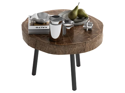 Round Wooden Coffee Table with Black Slim Legs and Book Thermal Mug Pears on Plate 3d model