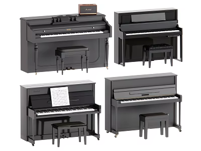 Black Upright Pianos With Benches And Sheet Music For Music Practice 3d model