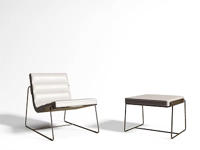 White Striped Upholstered Leisure Chair with Black Metal Frame and Matching Ottoman 3d model