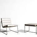 White Striped Upholstered Leisure Chair with Black Metal Frame and Matching Ottoman