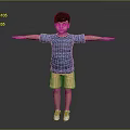 Little Boy With Arms Stretched Out Wearing Blue Patterned Shirt Yellow Shorts And White Sneakers