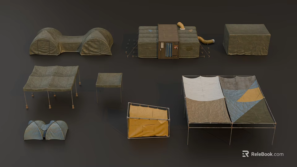 Various Types Of Camping Tents With Foldable Structures And Portable Gear 3d model 