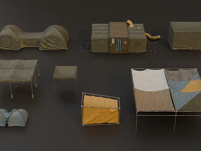 Various Types Of Camping Tents With Foldable Structures And Portable Gear 3d model