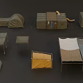 Various Types Of Camping Tents With Foldable Structures And Portable Gear