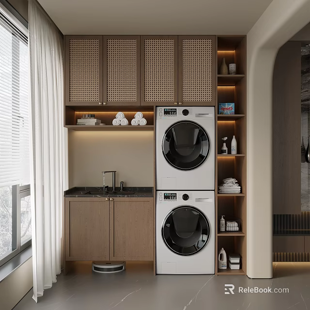 Modern Wooden Balcony Cabinet with Washing Machine Dryer Sink and Storage Shelves 3d model 