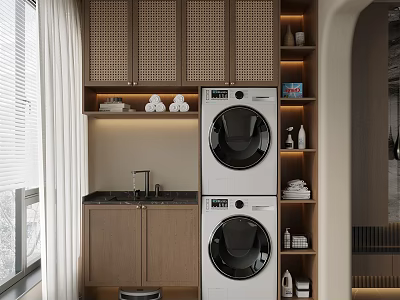 Modern Wooden Balcony Cabinet with Washing Machine Dryer Sink and Storage Shelves 3d model
