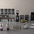 Commercial Kitchen Equipment Featuring Coffee Machines Storage Jars Chef Figurines And Beverage Cups