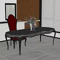 Elegant Black Dining Table with Red High Back Chair and Floral Centerpiece