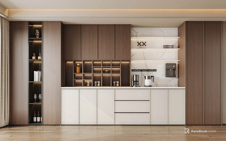 Modern Kitchen Wine Cabinet Design With Wooden Cabinets White Countertop And Illuminated Shelves 3d model 