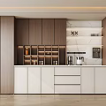 Modern Kitchen Wine Cabinet Design With Wooden Cabinets White Countertop And Illuminated Shelves