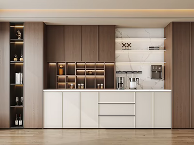 Modern Kitchen Wine Cabinet Design With Wooden Cabinets White Countertop And Illuminated Shelves 3d model