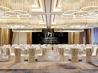 Elegant Banquet Hall With White Covered Tables Chairs Circular Chandeliers And Luxurious Decor 3d model