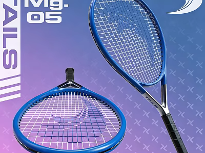 Two Blue Tennis Rackets on Purple Blue Gradient Background with Cross Patterns Design 3d model