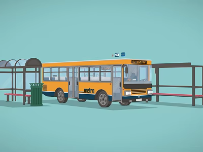 Yellow Metro Route 57 Bus At Bus Stop With Shelter Benches And Trash Can 3d model