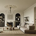 Elegant Living Room Interior With Ornate Chandelier Fireplace Beige Sofa And Patterned Rug