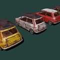 Vintage Rusty Cars in Various Colors Lined Up Against Dark Background