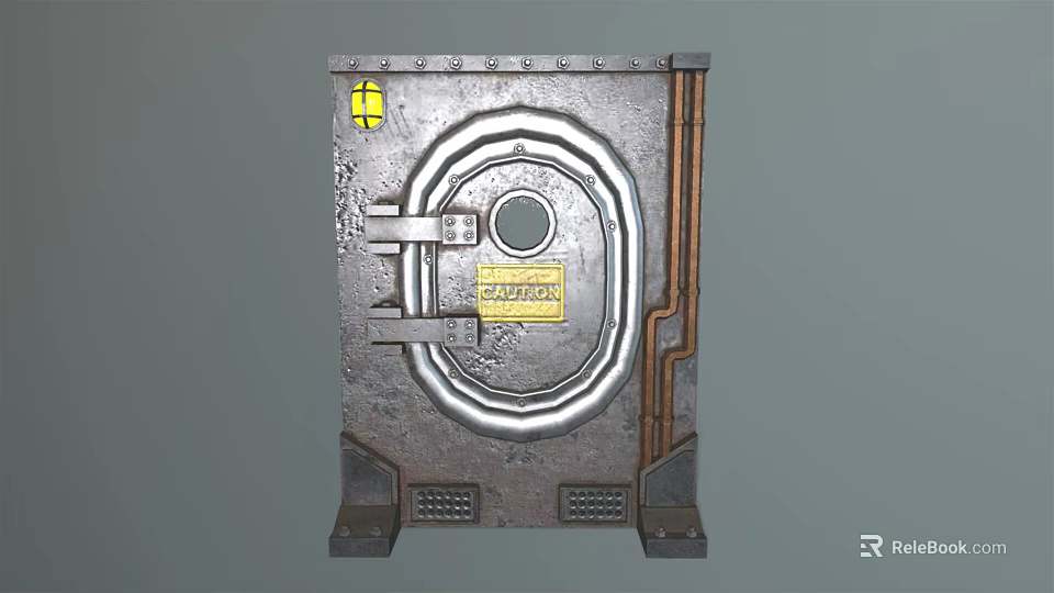 Industrial Metal Safe Design Featuring Circular Door Yellow Caution Label And Secure Handles 3d model 