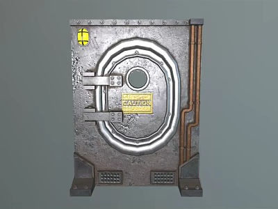 Industrial Metal Safe Design Featuring Circular Door Yellow Caution Label And Secure Handles 3d model
