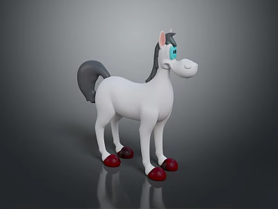 Cartoon White Horse 3D Model With Gray Mane Tail Blue Eyes And Red Hooves 3d model
