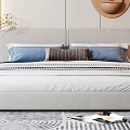 Modern Double Bed with Light Gray Headboard Blue Pillows Striped Blanket and Circular Wall Decor 3d model