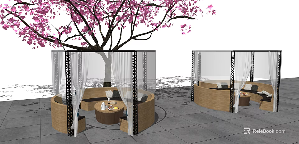 Outdoor Public Seating Area With Circular Wooden Seats Under Cherry Blossom Tree And Transparent Curtains 3d model 