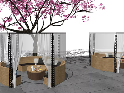Outdoor Public Seating Area With Circular Wooden Seats Under Cherry Blossom Tree And Transparent Curtains 3d model
