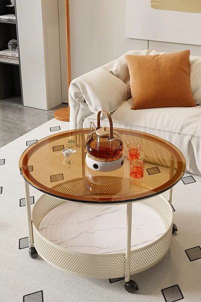 Modern Round Glass Top Coffee Table With Metal Frame And Tea Set On Carpet 3d model