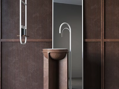 Modern Pedestal Washbasin With White Curved Faucet On Brown Textured Wall 3d model