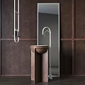 Modern Pedestal Washbasin With White Curved Faucet On Brown Textured Wall