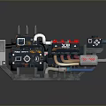 Industrial Equipment Engine Unit With Red Control Panel White Pipes Cables And Warning Sign