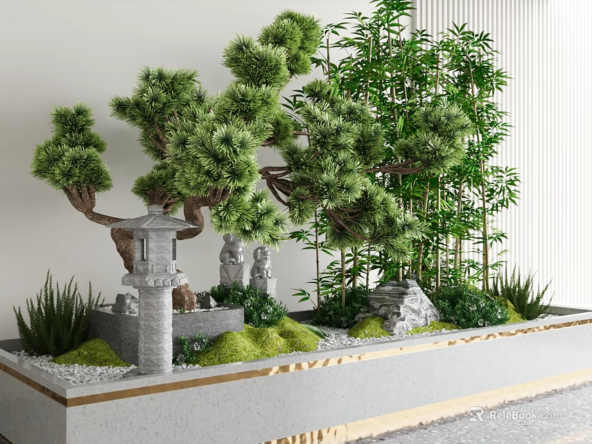 Tranquil Indoor Landscape With Bonsai Pines Bamboo Statues Moss And Stone Planter 3d model 
