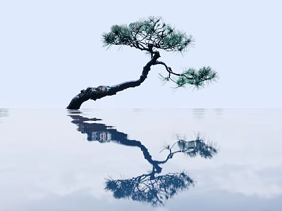 Curved Trunk Pine Arbor with Pine Needles and Reflection on Water Surface in Light Sky 3d model