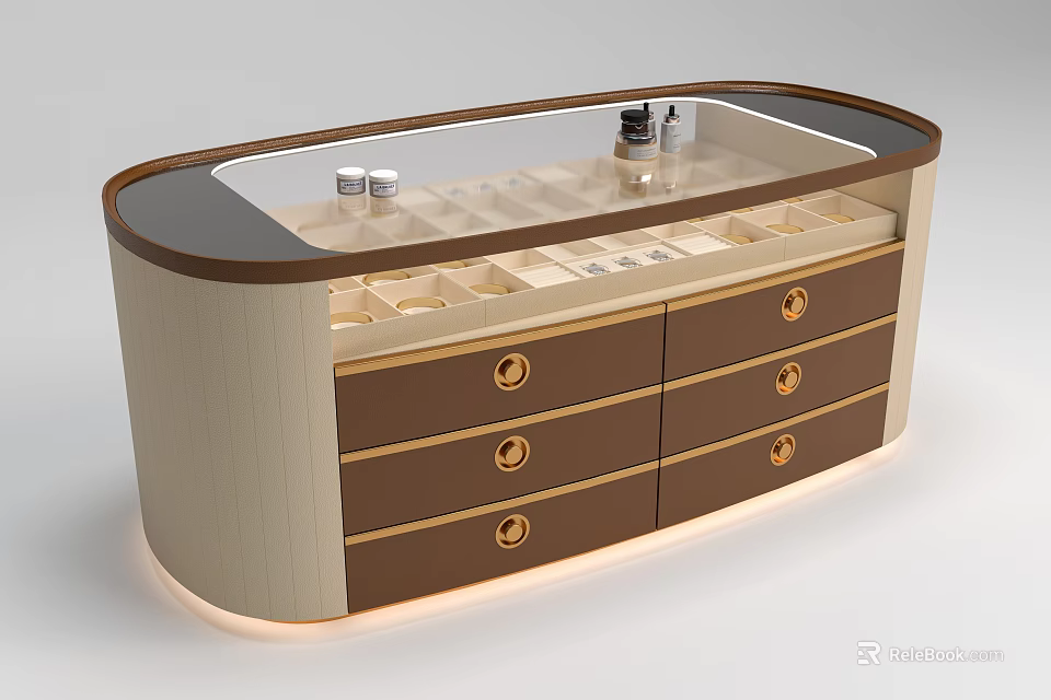 Modern Kitchen Island Cabinet Featuring Beige Brown Finish Glass Top Drawers And Illuminated Storage Compartments 3d model 