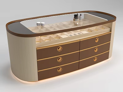 Modern Kitchen Island Cabinet Featuring Beige Brown Finish Glass Top Drawers And Illuminated Storage Compartments 3d model