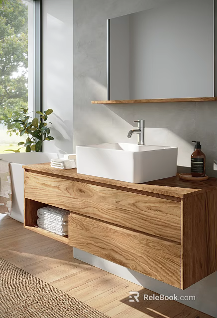 Modern Bathroom Interior With Wooden Vanity White Square Sink Mirror Wall Shelf And Plant 3d model 