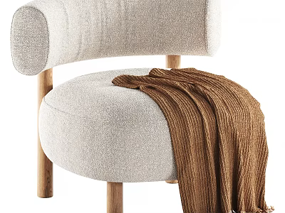 Light Beige Upholstered Leisure Chair With Curved Backrest Wooden Legs And Brown Knitted Blanket 3d model